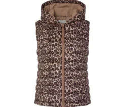 Steppweste mit Kapuze, beige mit braun-schwarzem Leo-Alloverprint