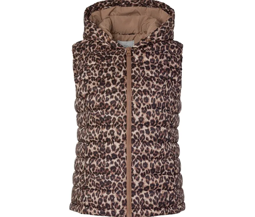 Steppweste mit Kapuze, beige mit braun-schwarzem Leo-Alloverprint