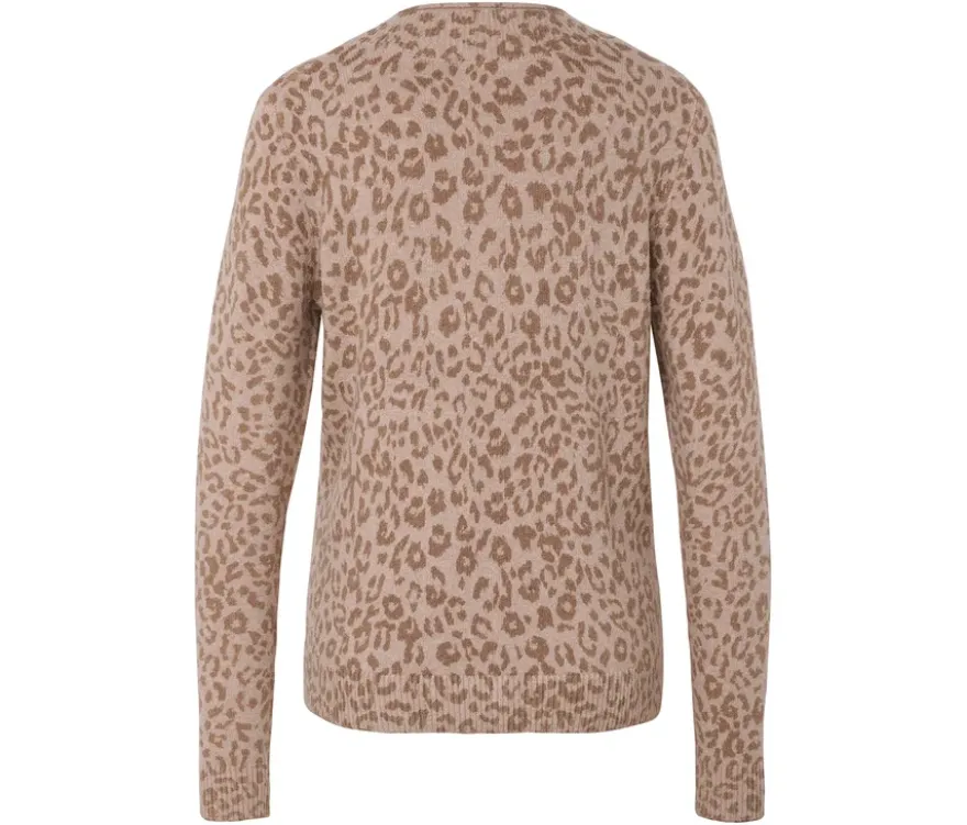 Strickpullover mit Stehkragen, beige meliert mit hellbraunem Leo-Alloverprint