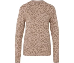 Strickpullover mit Stehkragen, beige meliert mit hellbraunem Leo-Alloverprint
