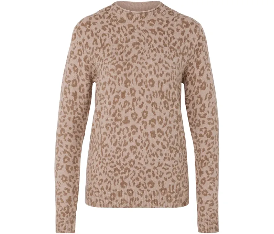 Strickpullover mit Stehkragen, beige meliert mit hellbraunem Leo-Alloverprint