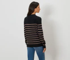 Strickpullover mit Stehkragen, schwarz mit hellbraunen Streifen