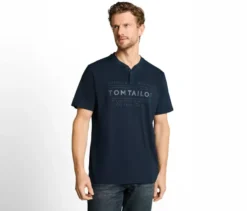 Tom Tailor Serafino T-Shirt mit Logo-Print, Sky Captain Blue