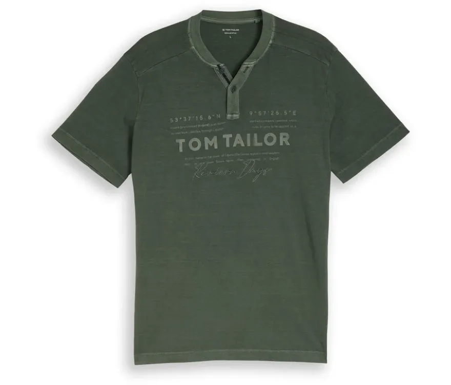 Tom Tailor Serafino T-Shirt mit Logo-Print, Deep Leaf Green