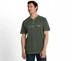 Tom Tailor Serafino T-Shirt mit Logo-Print, Deep Leaf Green