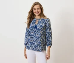 Tunika-Bluse, blauer Alloverprint