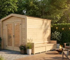Weka Gartenhaus mit Sitzbank, 28 mm, naturfarben