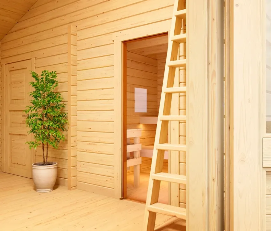 Weka Wochenendhaus »Hamburg« mit Sauna und Aufbau, 70 mm, naturfarben